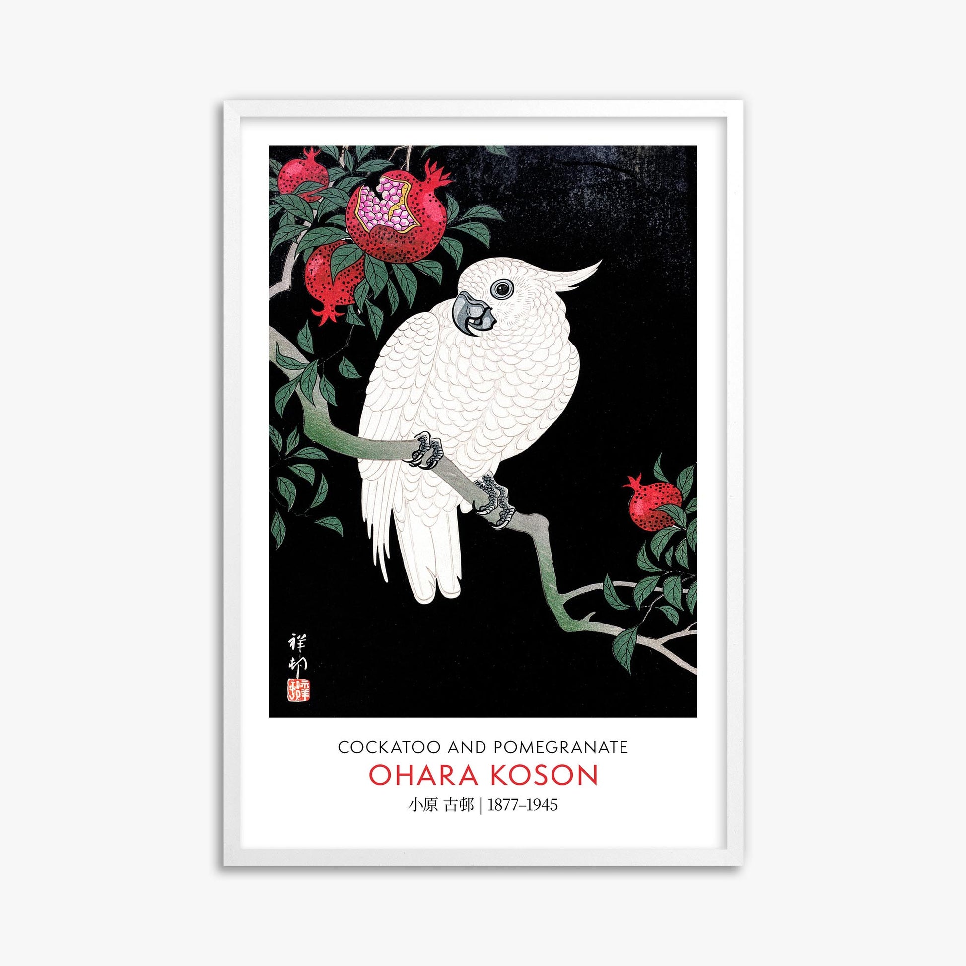 Ohara Koson: Cockatoo and Pomegranate - Gallery-style 61x91 cm Art Reproduction With White Frame