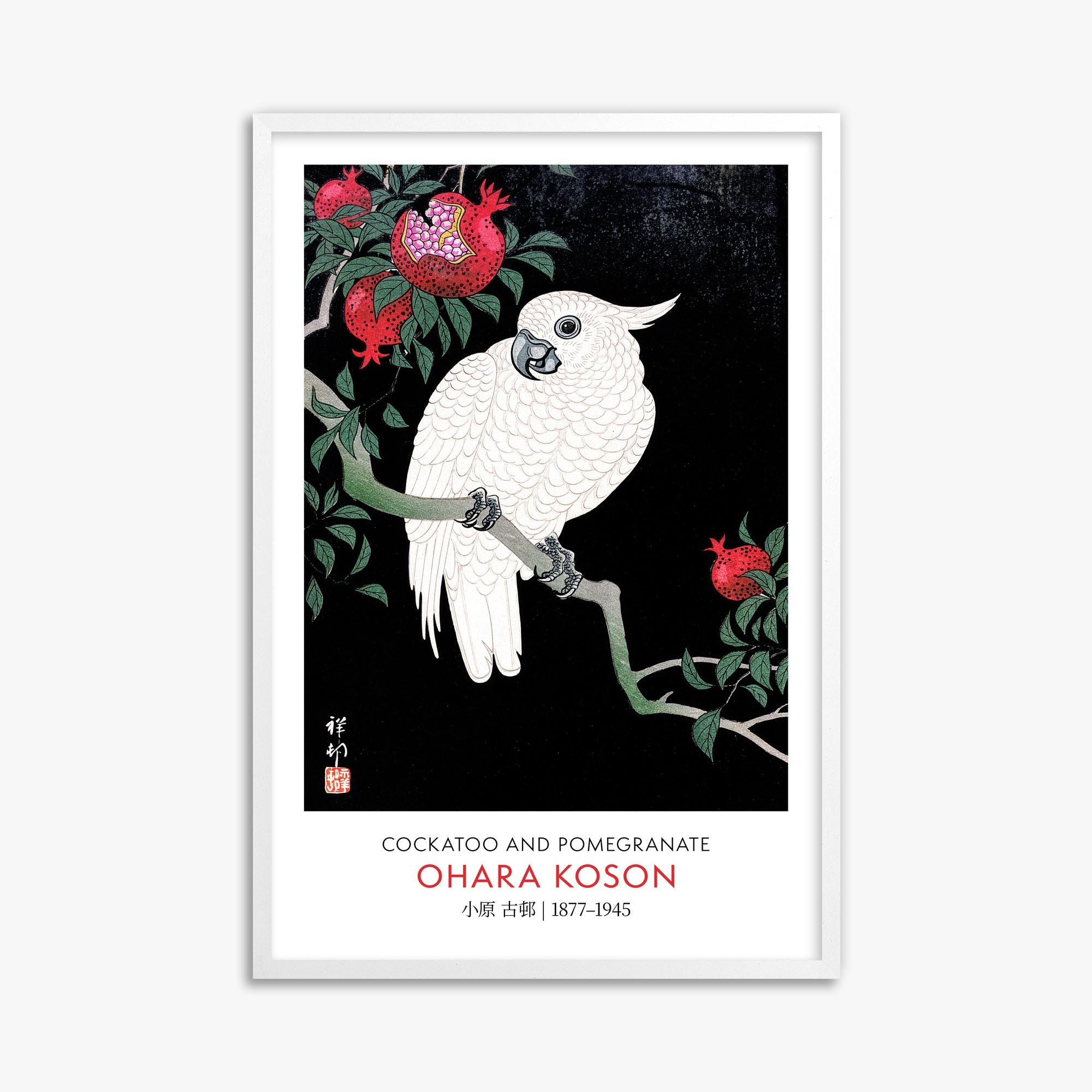 Ohara Koson: Cockatoo and Pomegranate - Gallery-style 61x91 cm Art Reproduction With White Frame