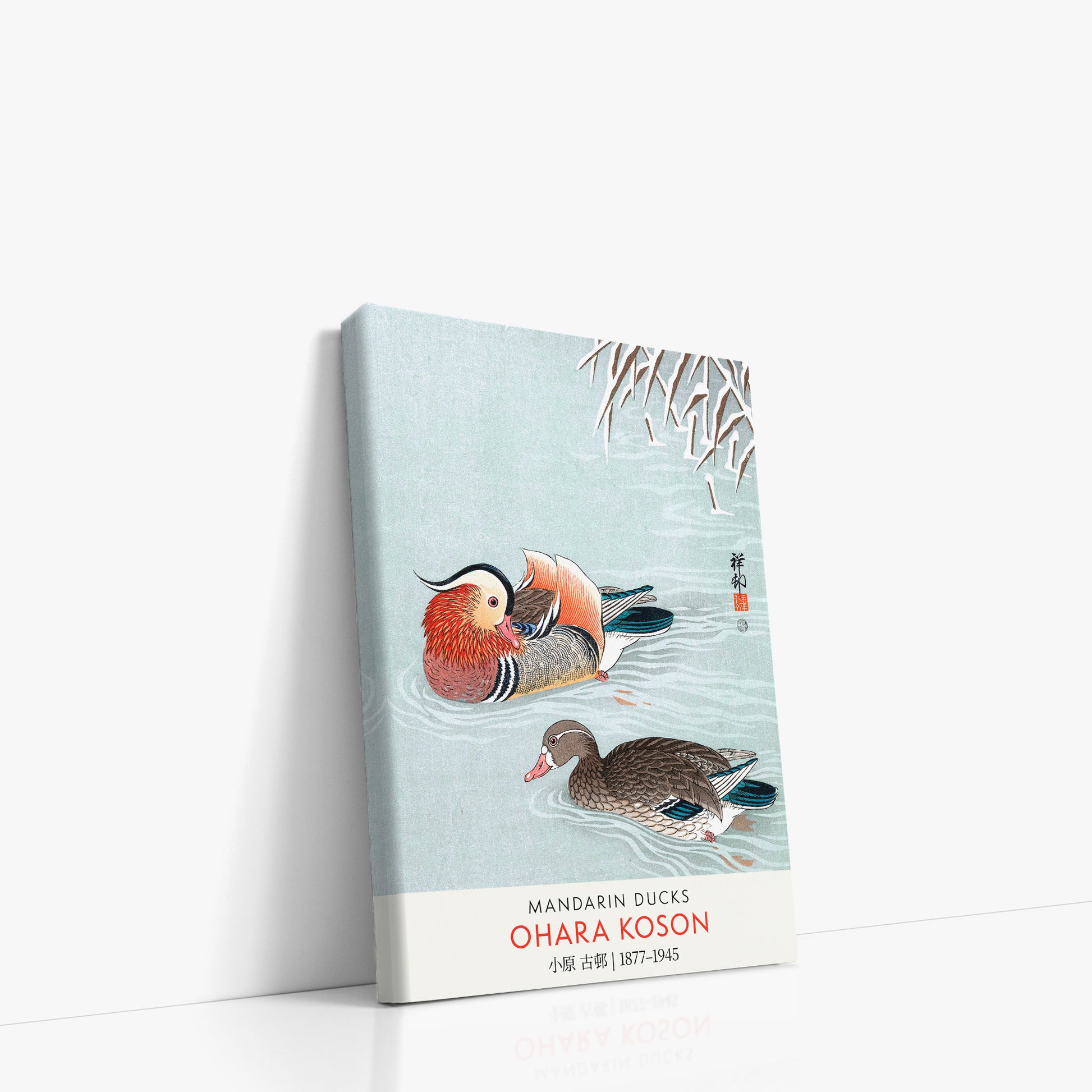 Ohara Koson: Mandarin Ducks - Gallery-style, 21x30cm Satin Canvas Art Reproduction Left Angle