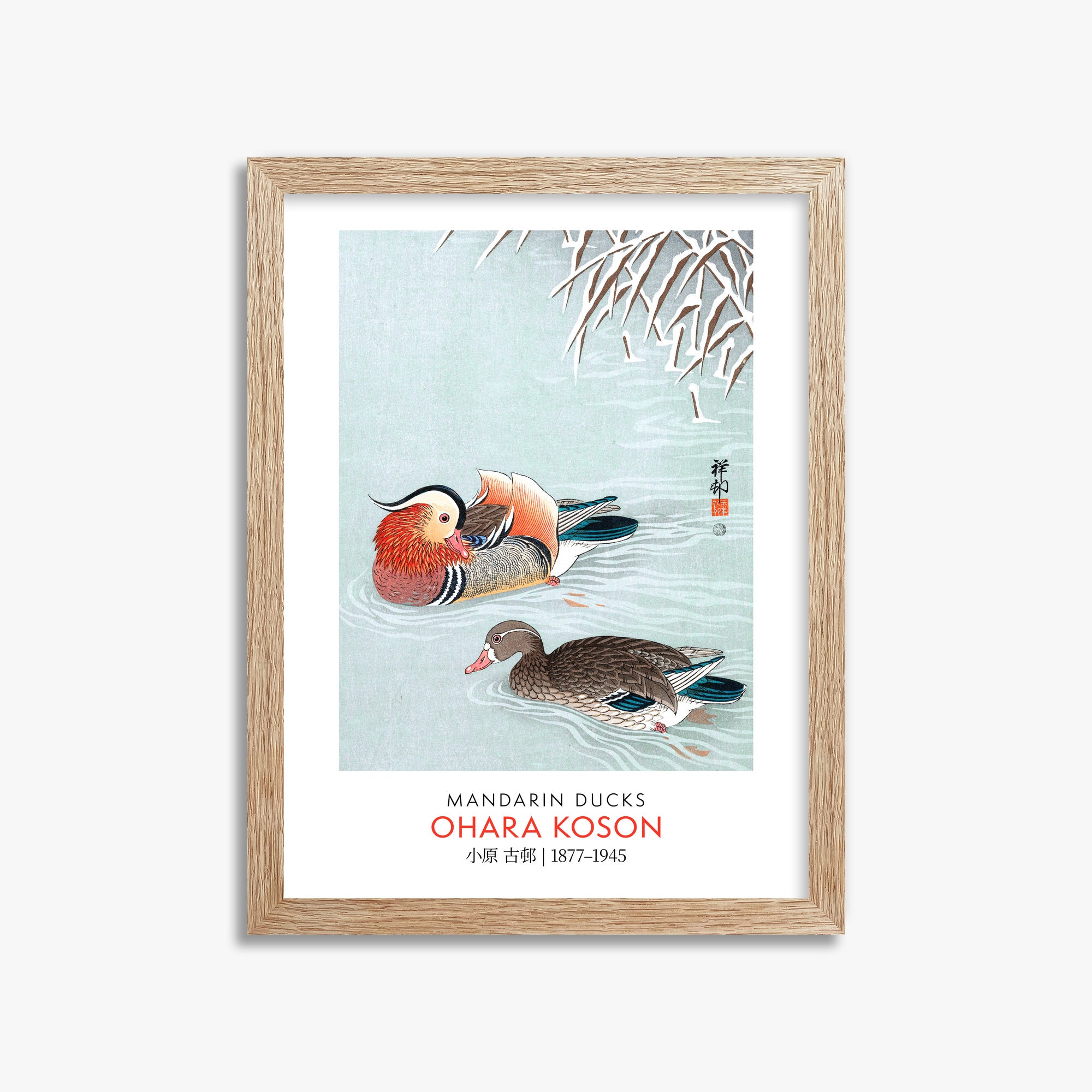 Ohara Koson: Mandarin Ducks - Gallery-style, 30x40cm Framed Art Reproduction With Raw Oak Frame