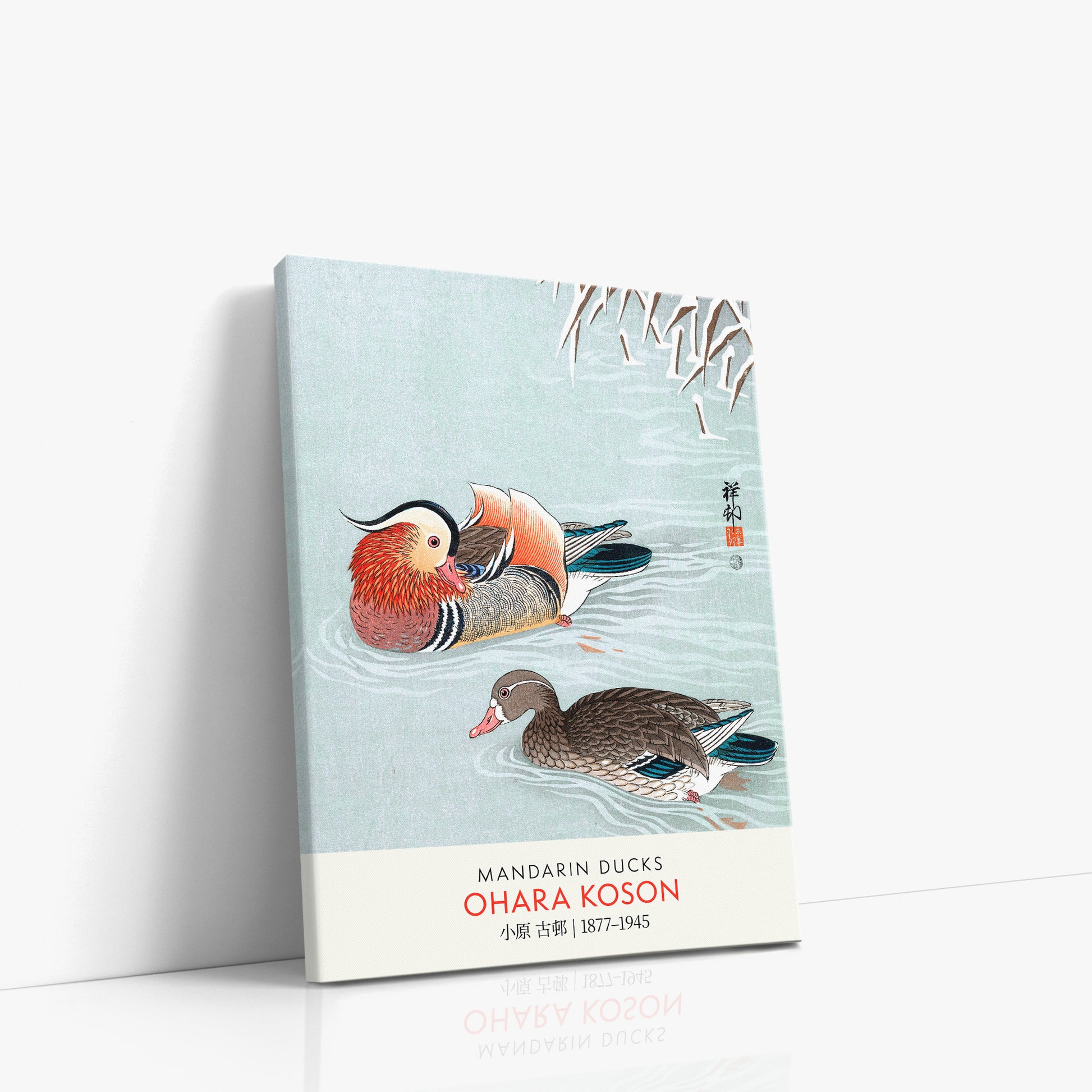 Ohara Koson: Mandarin Ducks - Gallery-style, 30x40cm Satin Canvas Art Reproduction Left Angle