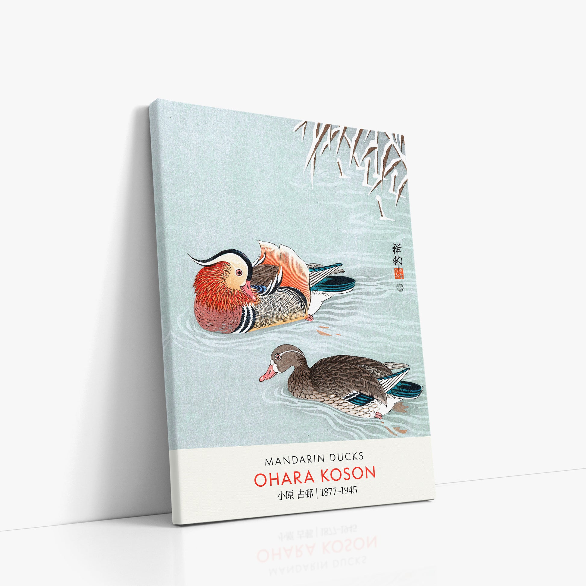 Ohara Koson: Mandarin Ducks - Gallery-style, 50x70cm Satin Canvas Art Reproduction Left Angle