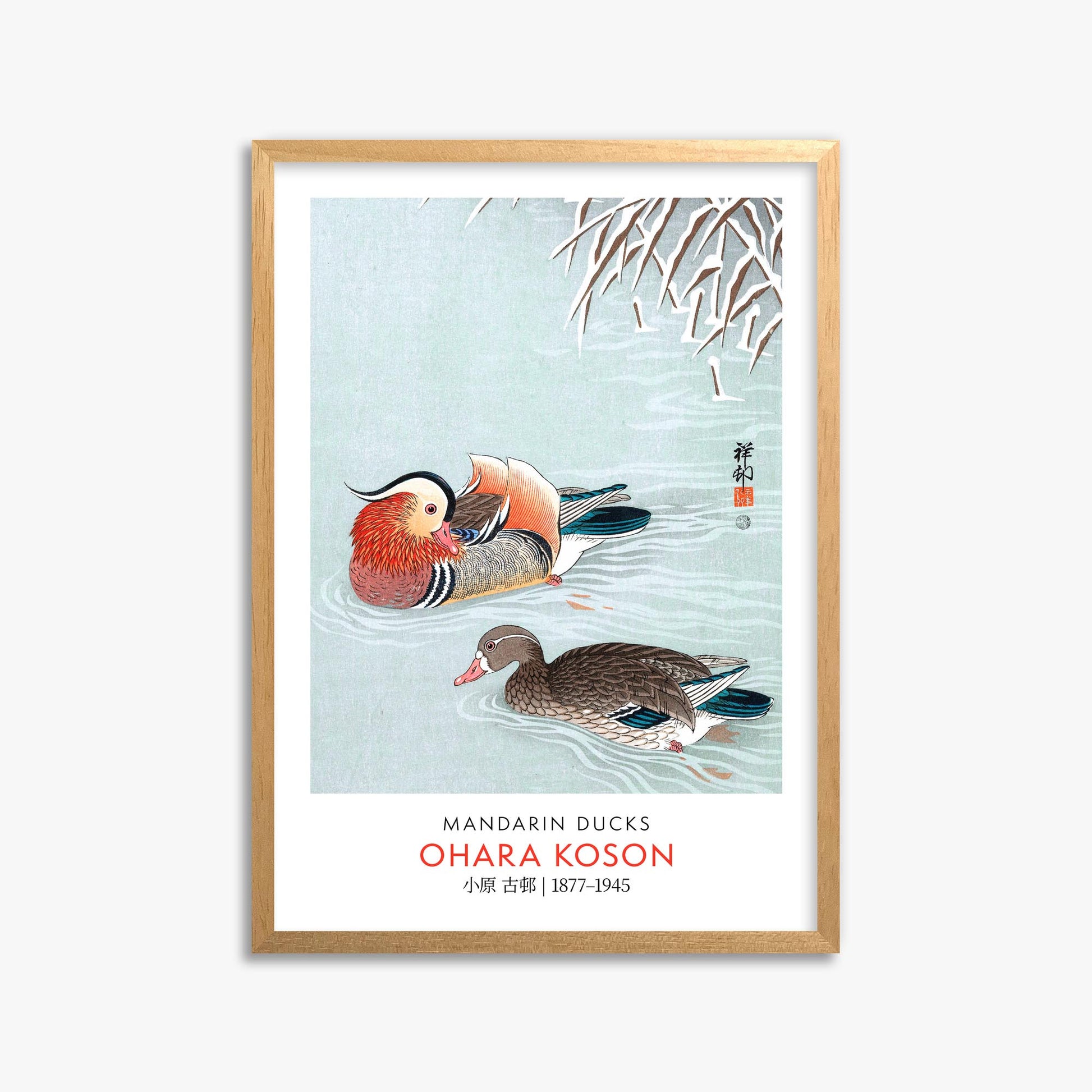Ohara Koson: Mandarin Ducks - Gallery-style 50x70 cm Art Reproduction With Oak Frame