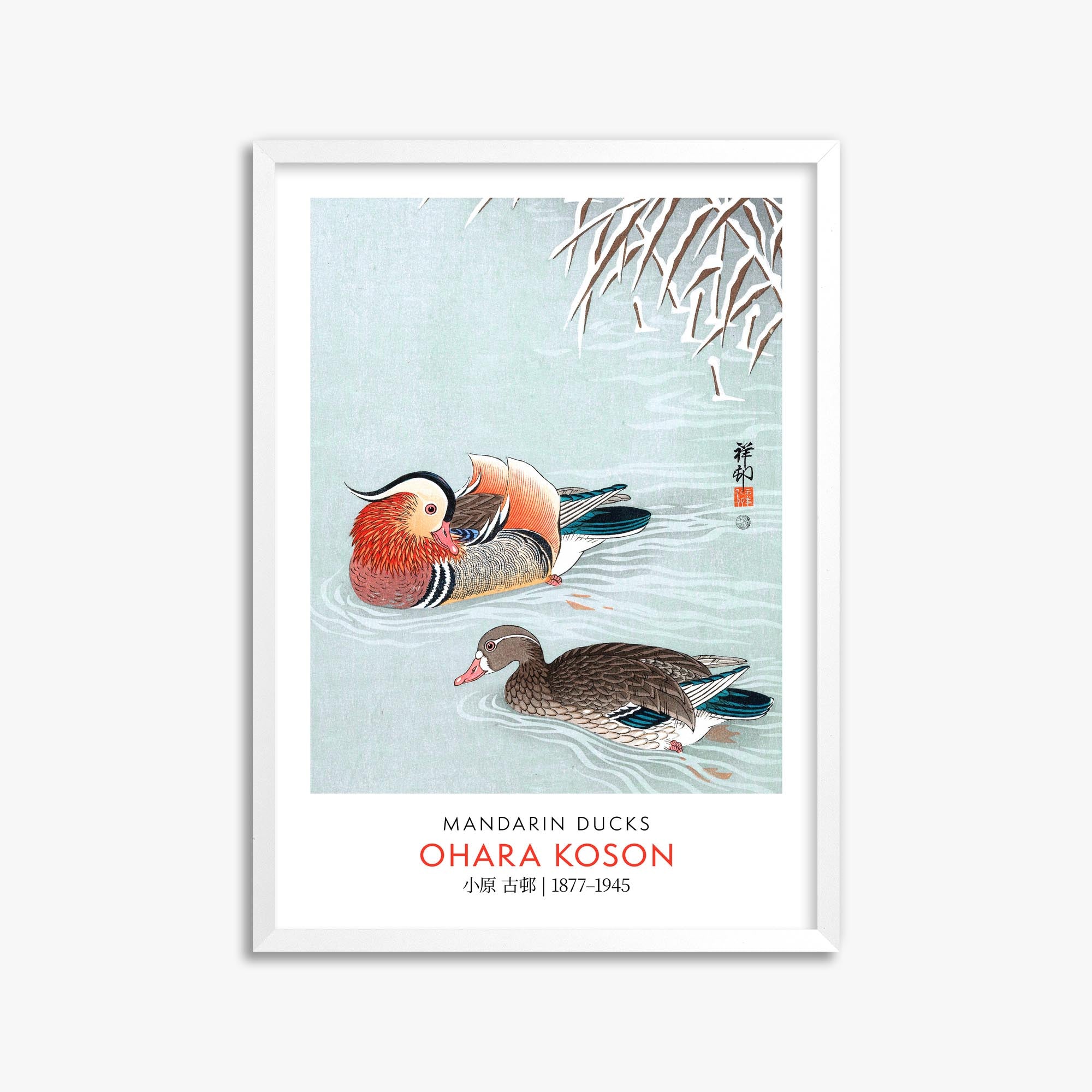 Ohara Koson: Mandarin Ducks - Gallery-style 50x70 cm Art Reproduction With White Frame