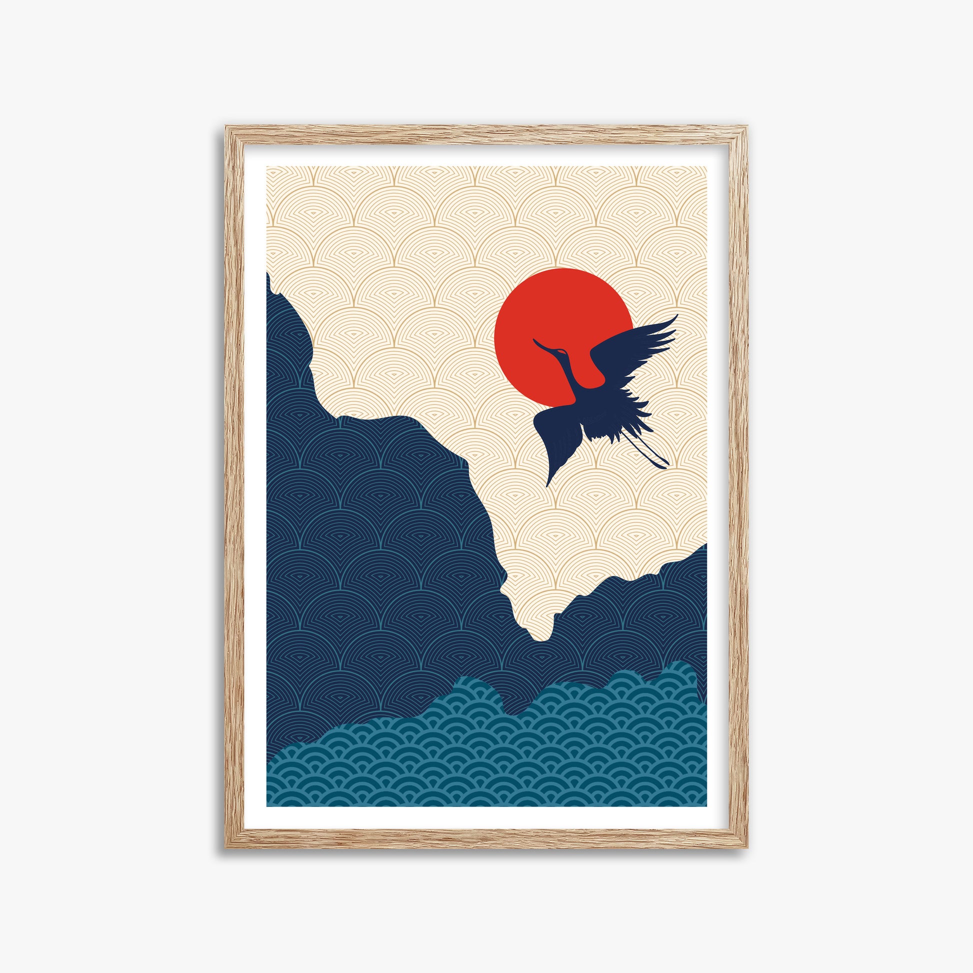 Crane in the Sun, 50x70cm Framed Poster With Raw Oak Frame