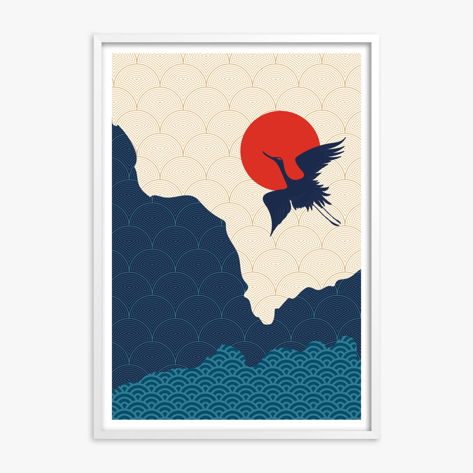 Crane in the Sun, White Framed Poster With White Frame