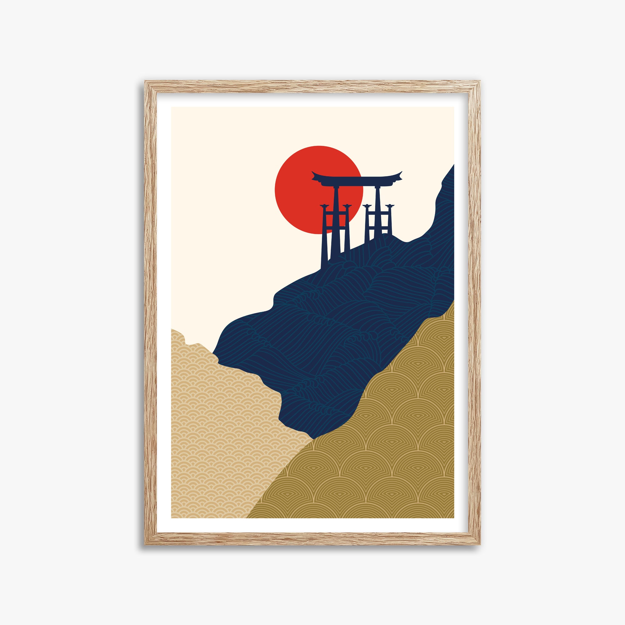 Torii Gate in the Sun, 50x70cm Framed Poster With Raw Oak Frame