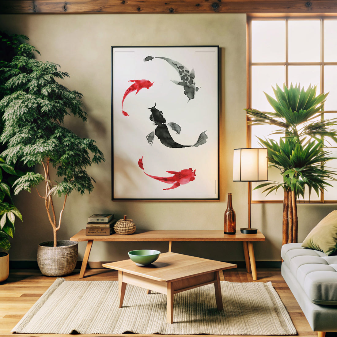 Koi Circling, 50x70cm Framed Poster With Black Frame
