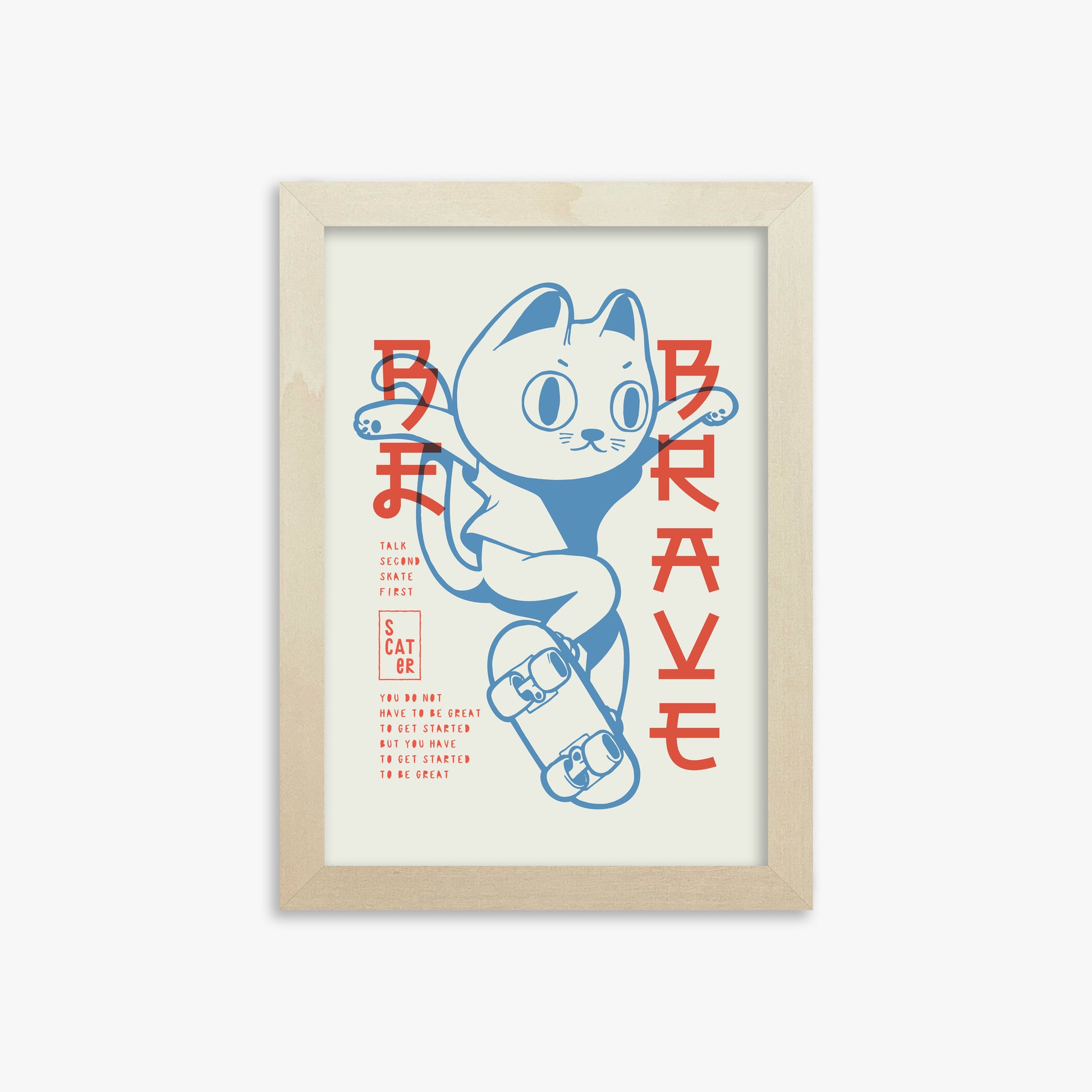 Skater Cat (Be Brave), 21x30cm Framed Poster With Lime Wood Frame