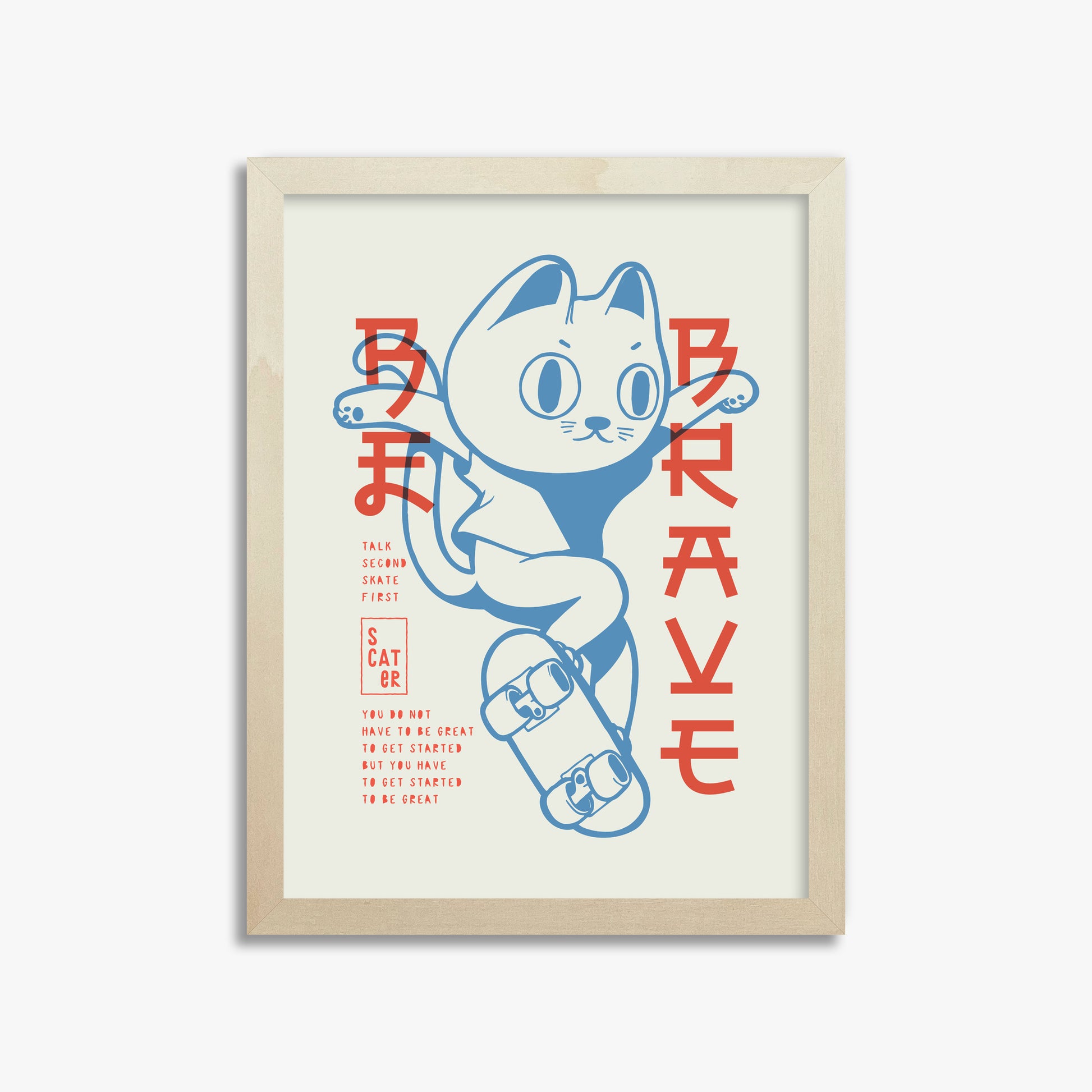 Skater Cat (Be Brave), 30x40cm Framed Poster With Lime Wood Frame