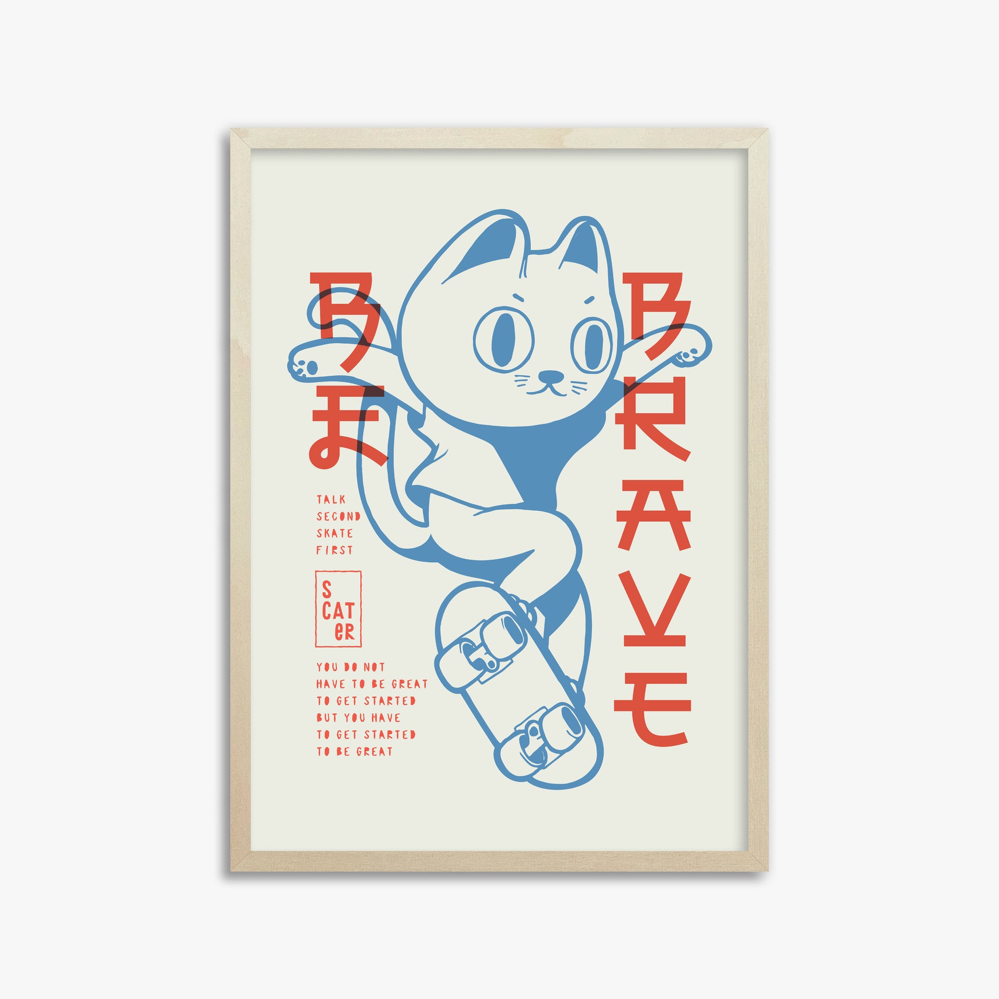 Skater Cat (Be Brave), 50x70cm Framed Poster With Lime Wood Frame