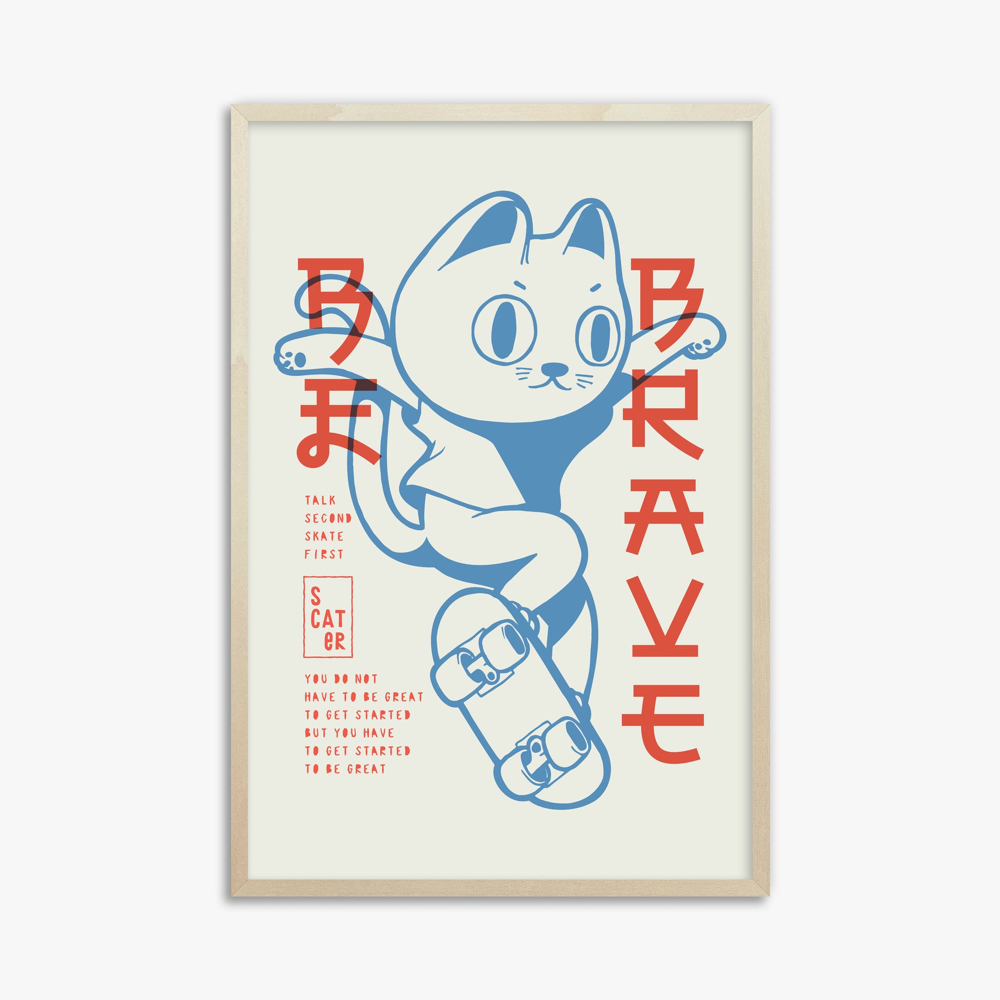 Skater Cat (Be Brave), 61x91cm Framed Poster With Lime Wood Frame