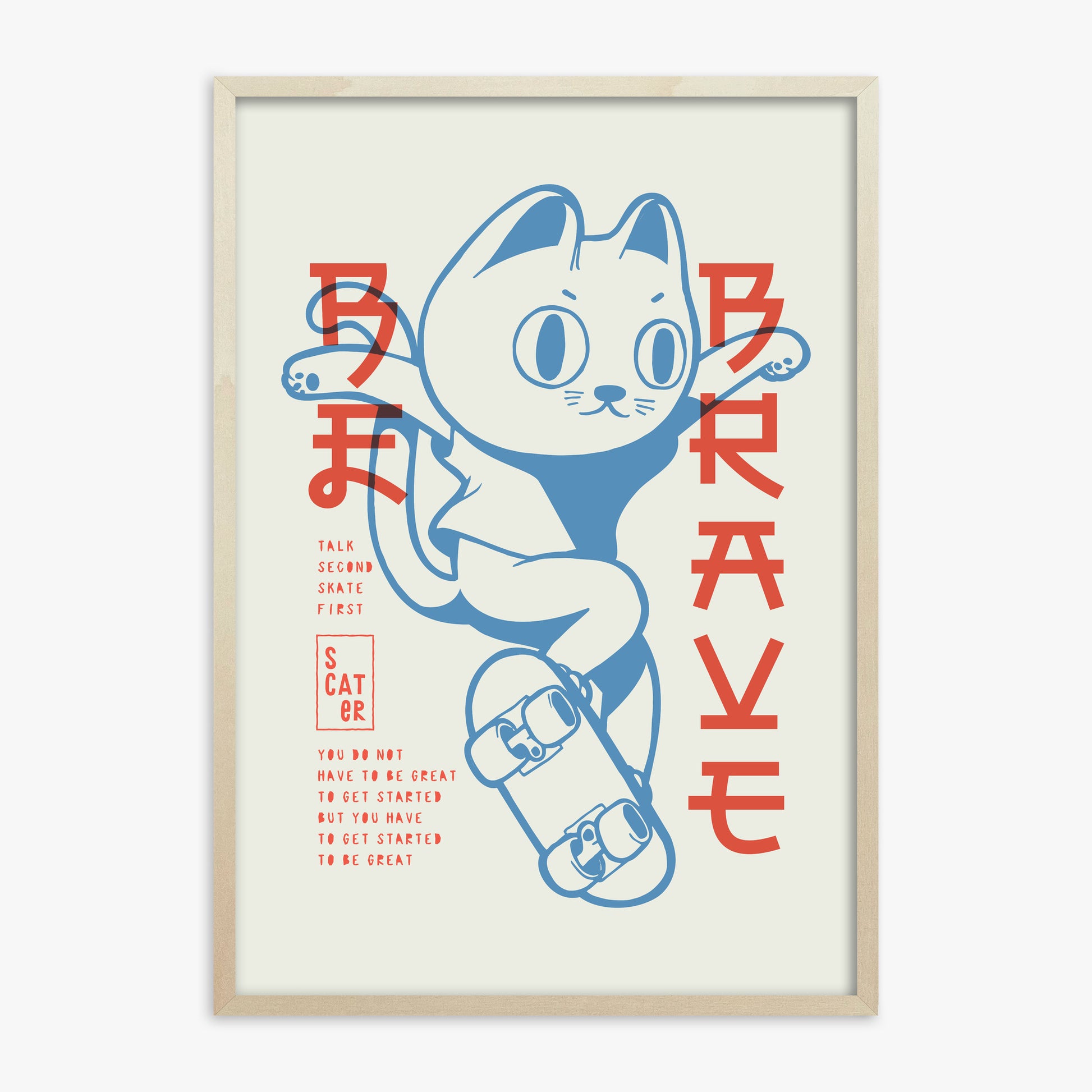 Skater Cat (Be Brave), 70x100cm Framed Poster With Lime Wood Frame