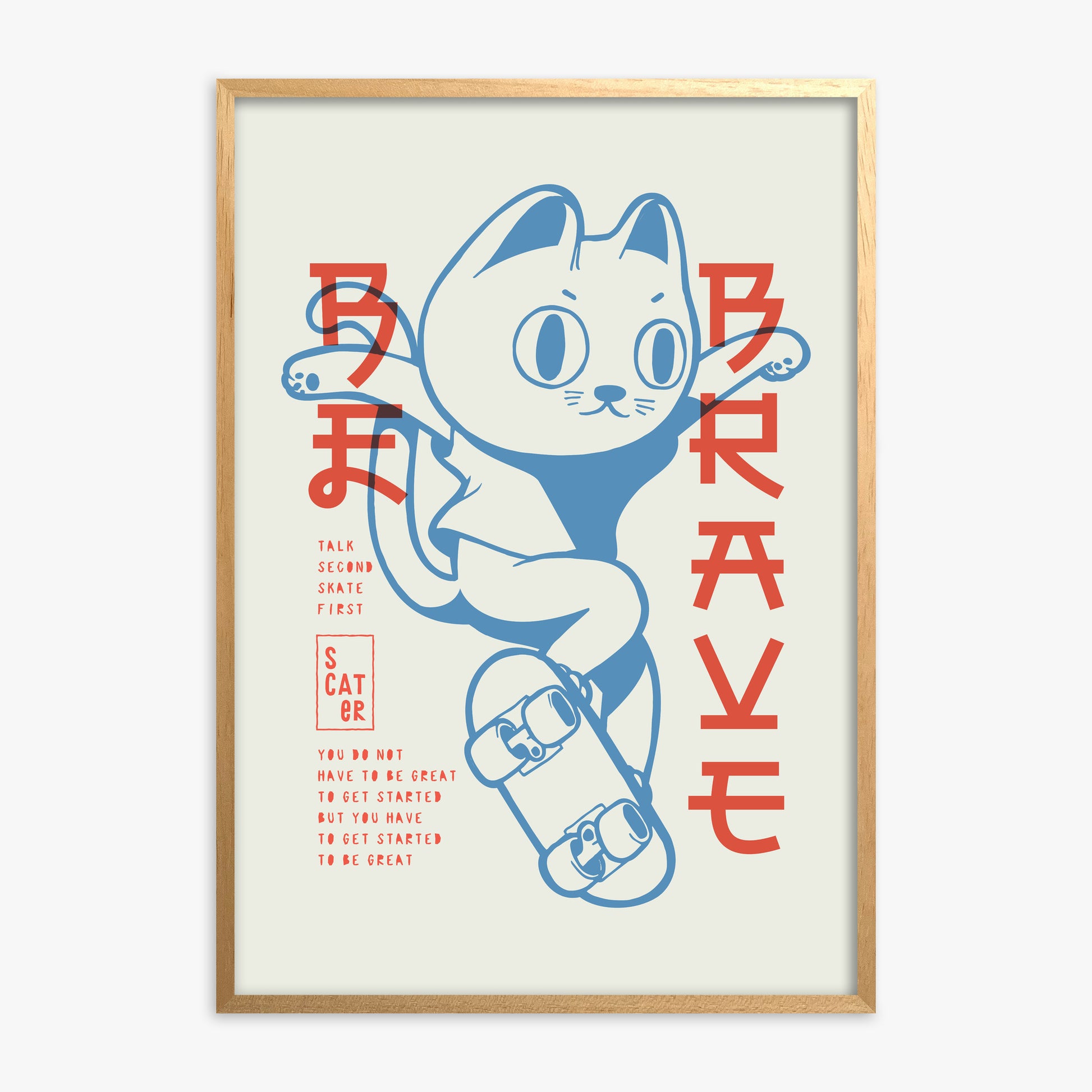Skater Cat (Be Brave), Oak Framed Poster With Oak Frame