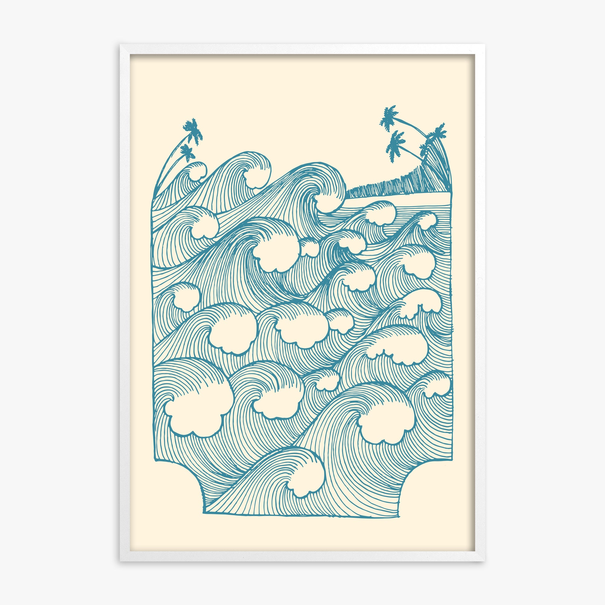 Vintage Great Waves, White Framed Poster With White Frame