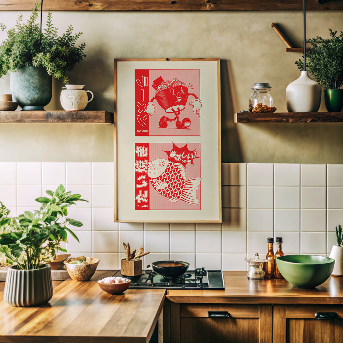 Taiyaki & Ramen, 50x70cm Framed Poster With Black Frame